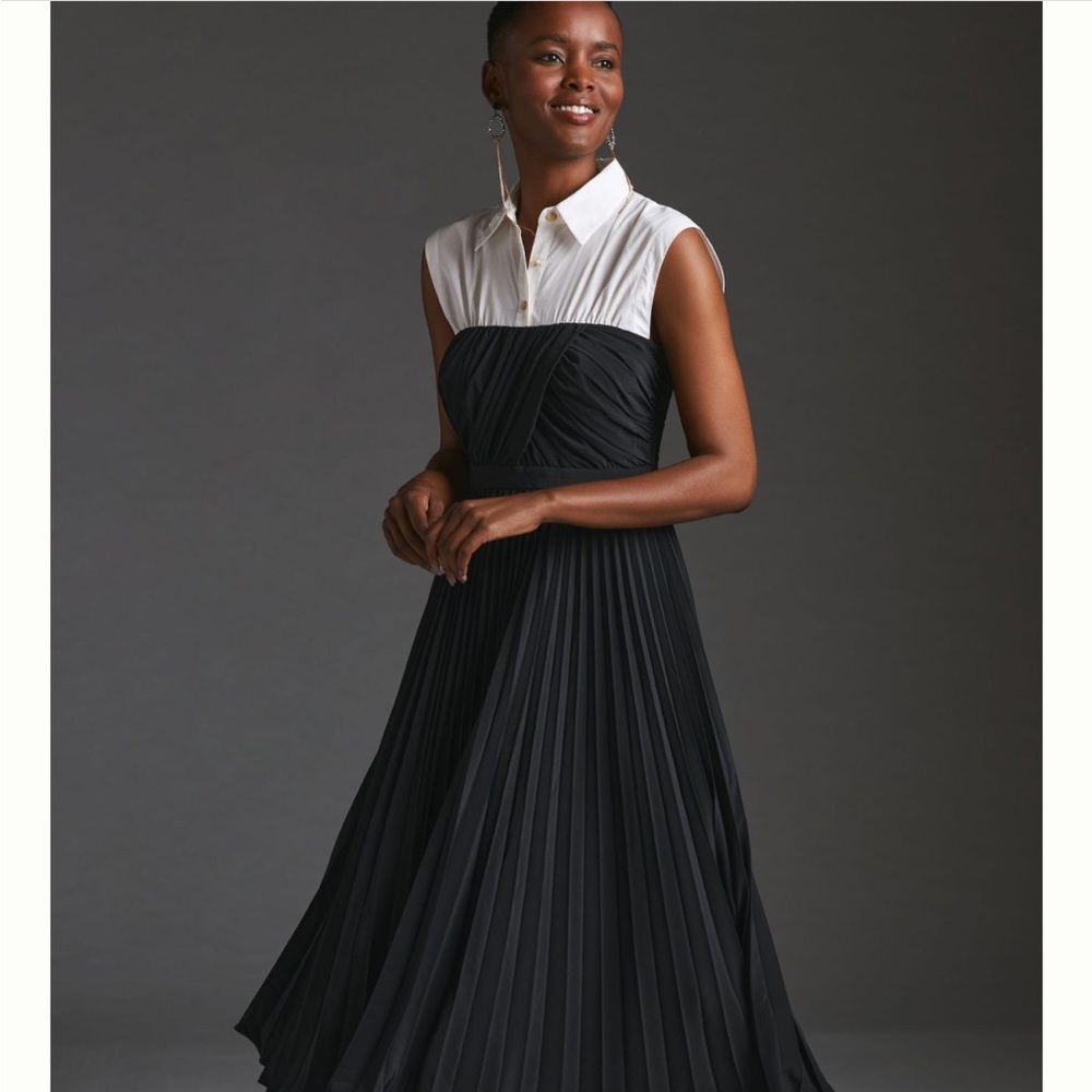 Anthropologie Maeve pleated twofer midi shirt dress Size  Large Black | White